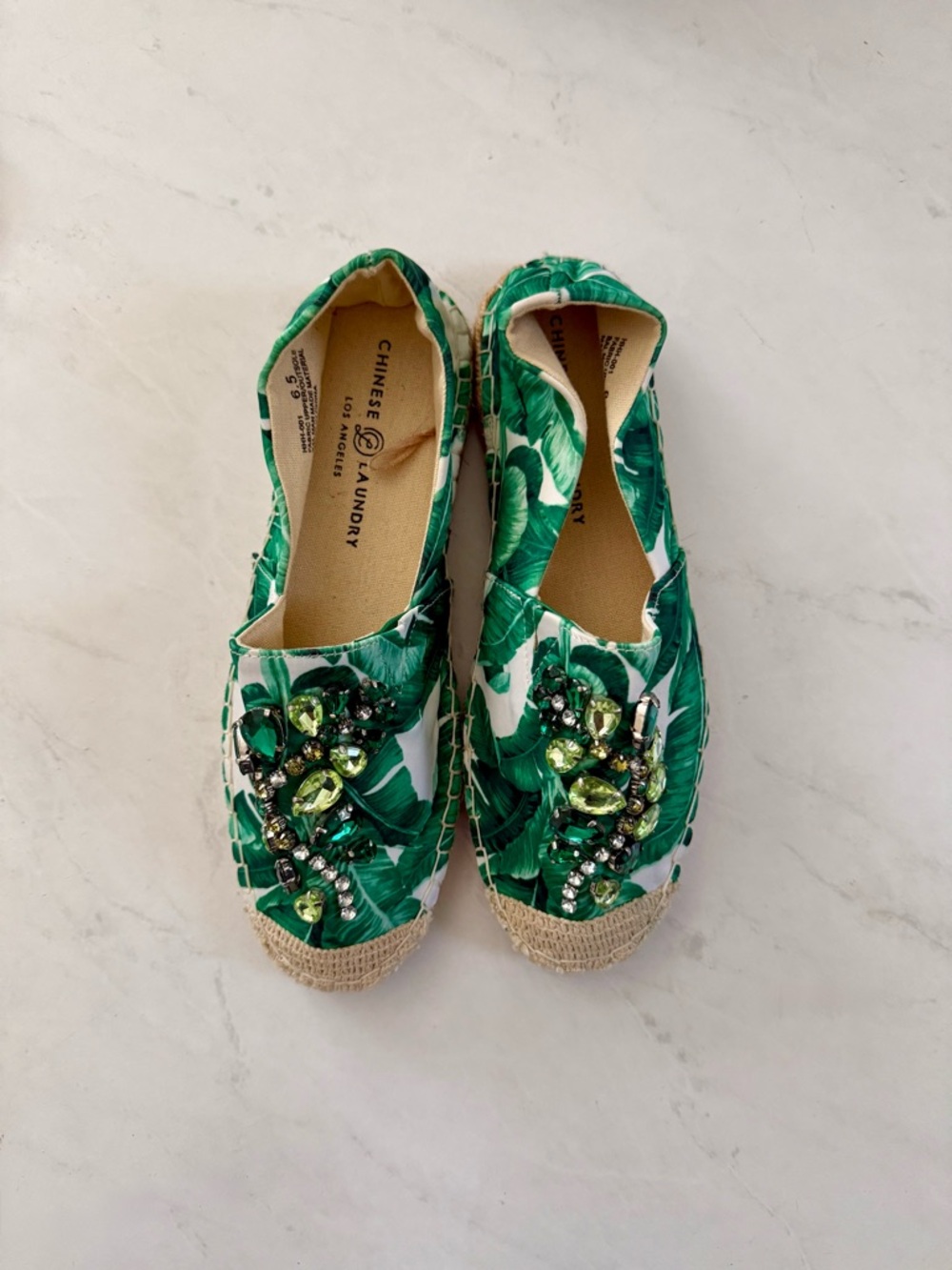 Green Chinese Laundry Palm Leaf Crystal Tropical Resort | Espadrille Flats NWOT